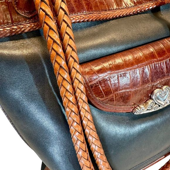 Brighton 80's Leather Shoulder Bag Black/Brown Braided Handles, silver metal - Picture 2 of 12